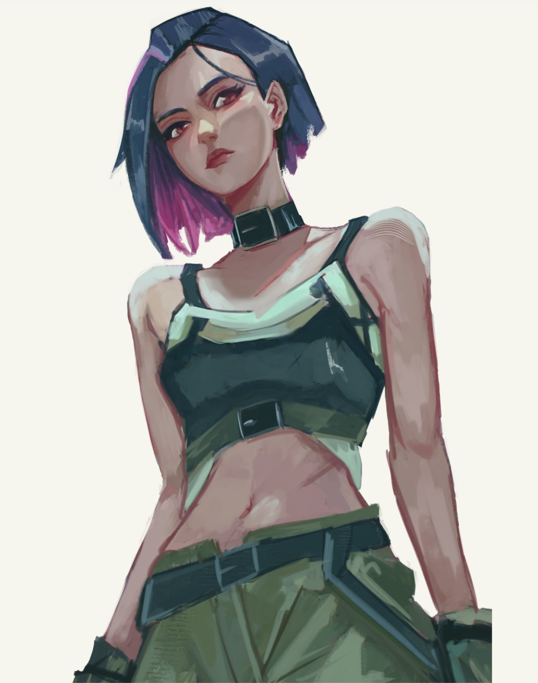 Character design — portrait stylisé d'un personnage, cheveux bleu et rose